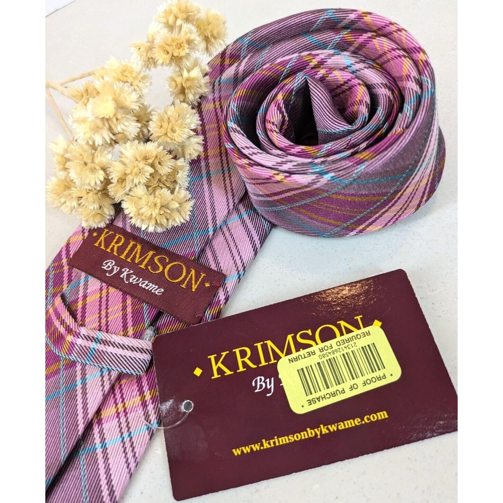 RARE NWT!🩷Krimson by Kwane 100% Silk Neck Tie Designer Long 60.5" Pink Plaid